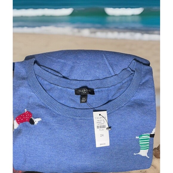 Talbots Plus Multicolor Dachshund Weiner Dogs Blue Sweater LS Ladies 2X NWT $99 - Picture 1 of 13